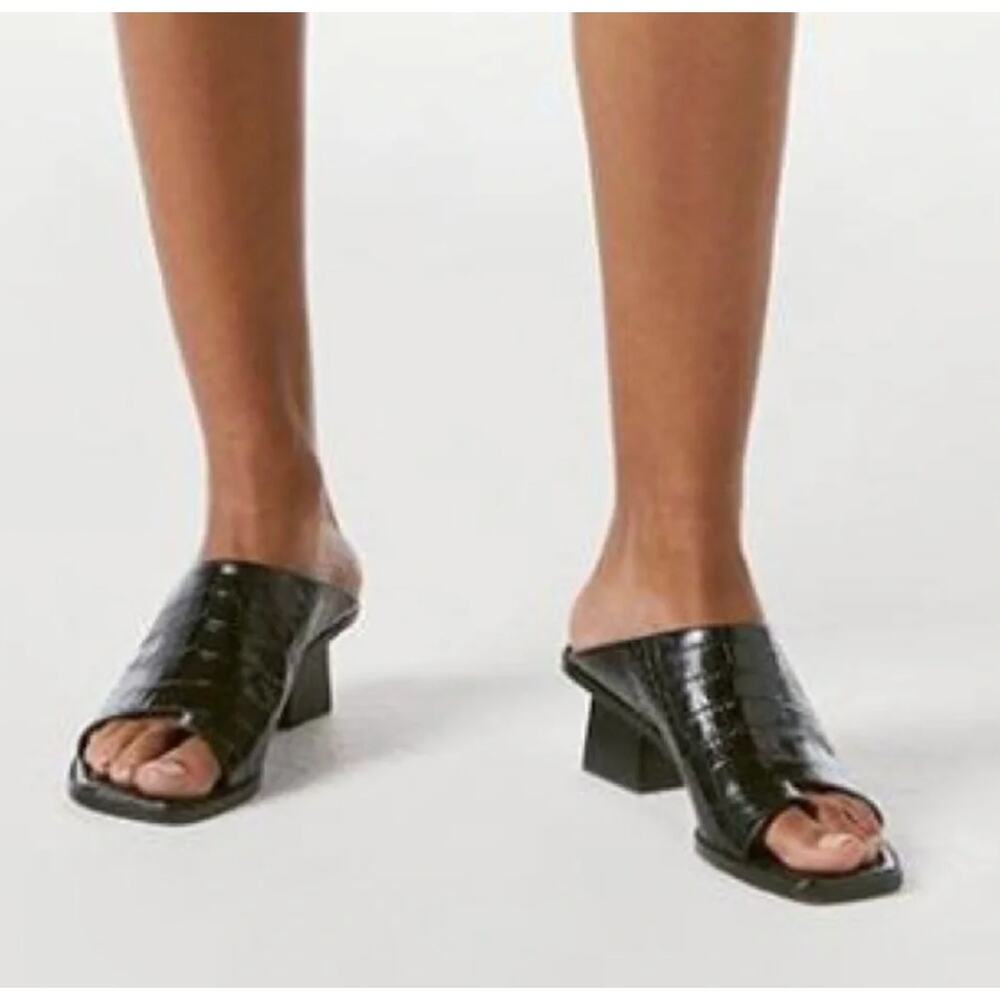 Frame Shoes 7 Le Beachwood Croc Embossed Sandal Heels Black Square Toe Mules